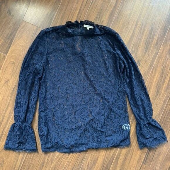 Pleione XS Lace Navy Blue High Neck Blouse Bell Sleeve - Picture 1 of 6